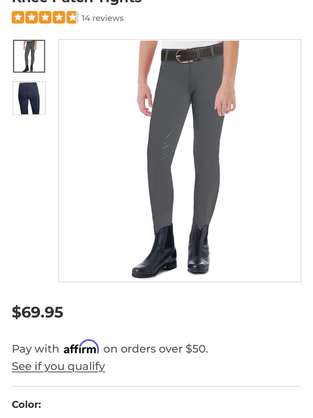 Kids Dark Blue Ovation Knee Patch Horseback Riding Tights